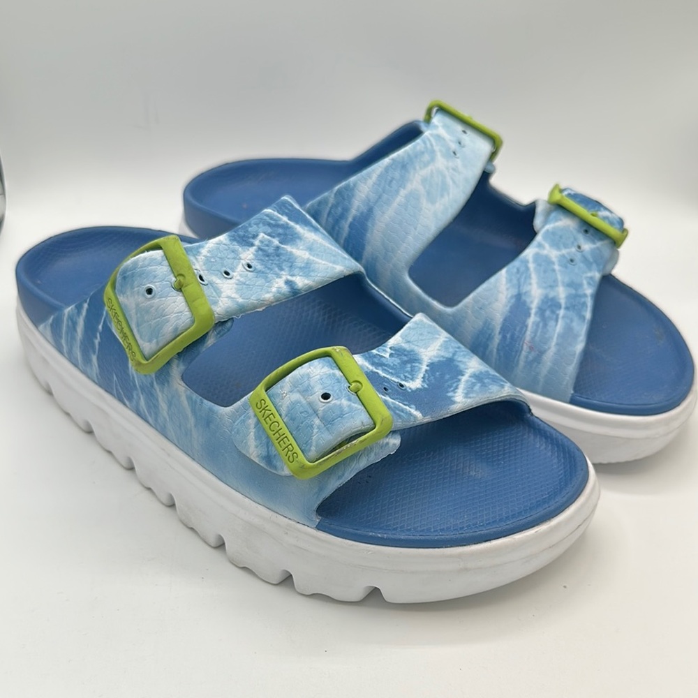 Skechers blue and white pool print Foamies slides, size 7